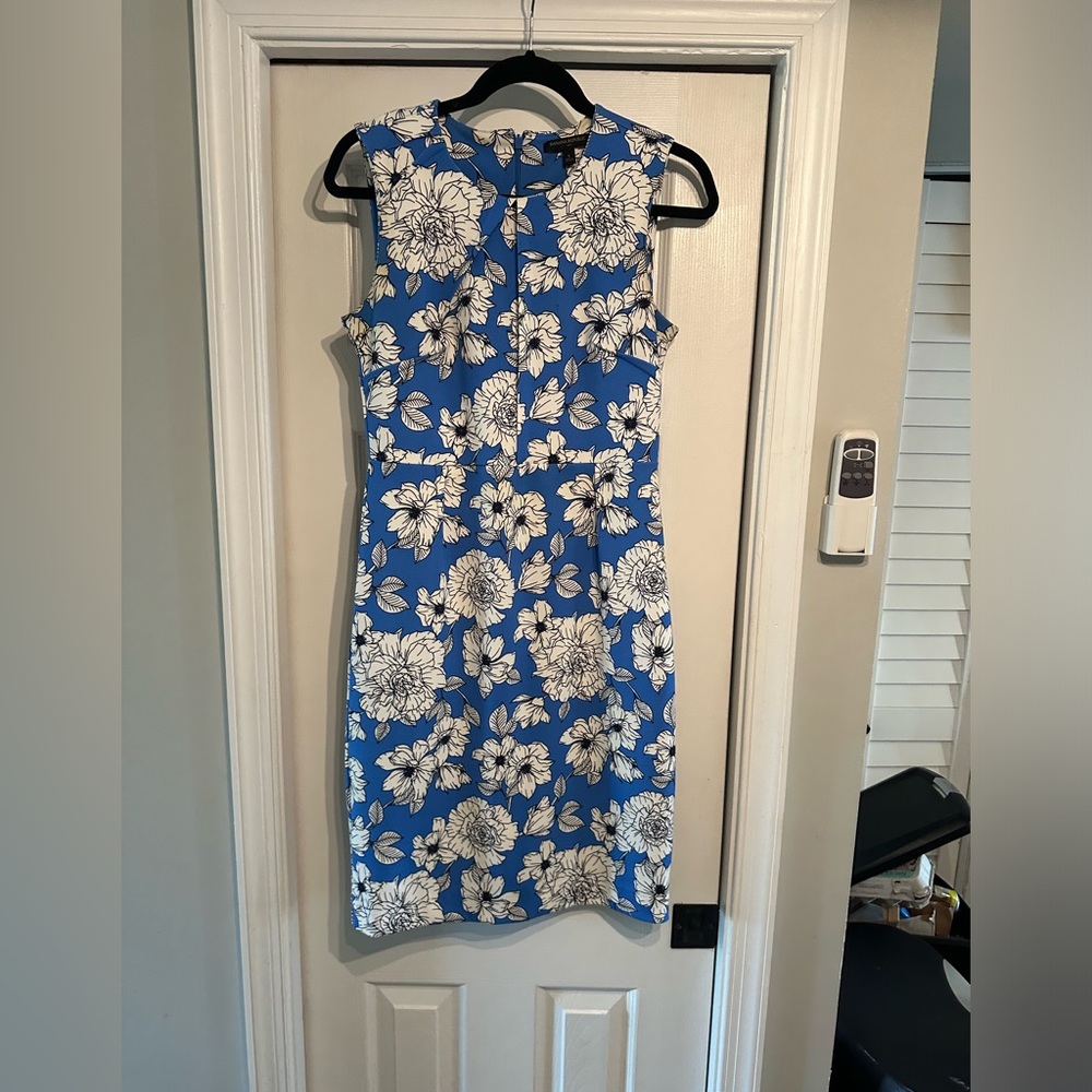 Banana Republic Blue Floral Print Pleat Neck Sheath Dress